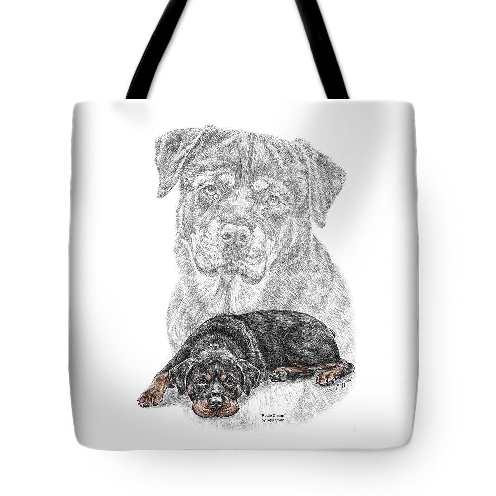 Rottie Tote Bag featuring the drawing Rottie Charm - Rottweiler Dog Print with Color by Kelli Swan