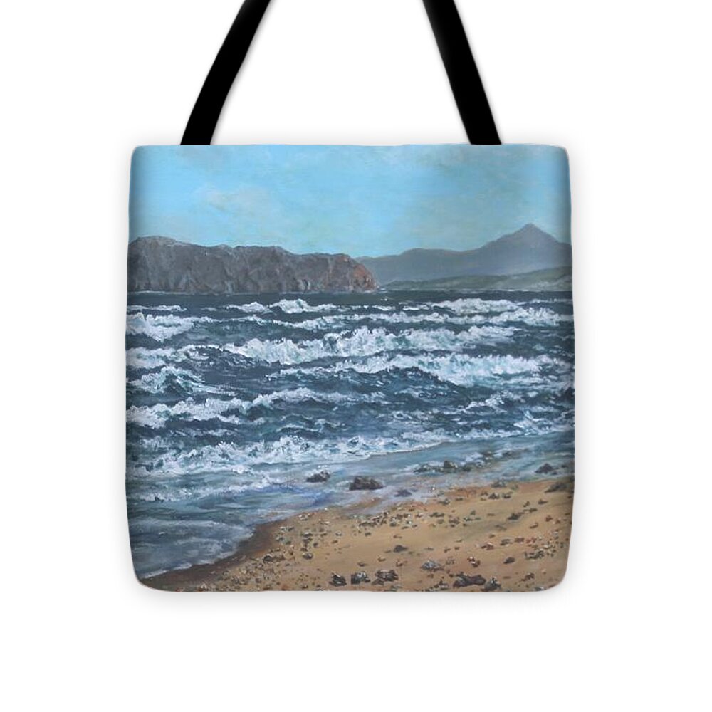 Seascape Tote Bag featuring the painting Rough Sea at Gerani by David Capon