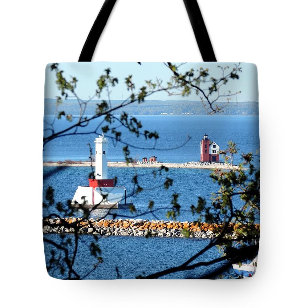 Lighthouses Tote Bag featuring the photograph Round Island Lighthouse and Round Island Passage Light by Keith Stokes