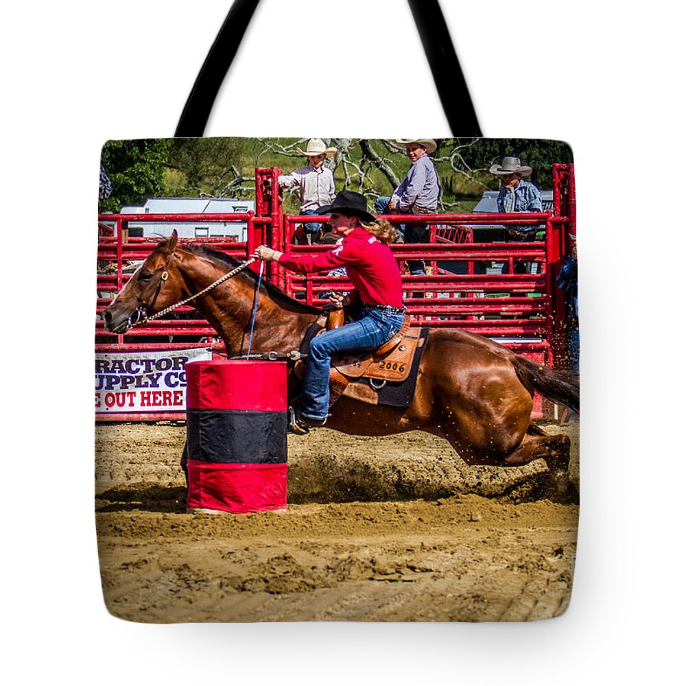 Animals Tote Bag featuring the photograph Rounding the Barrel by Eleanor Abramson