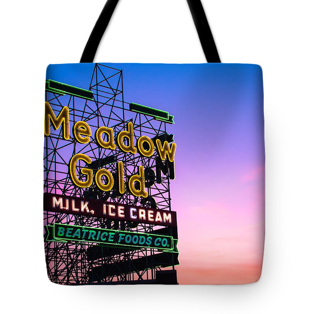 America Art Tote Bag featuring the photograph Route 66 Meadow Gold Neon Sign - Tulsa Oklahoma by Gregory Ballos