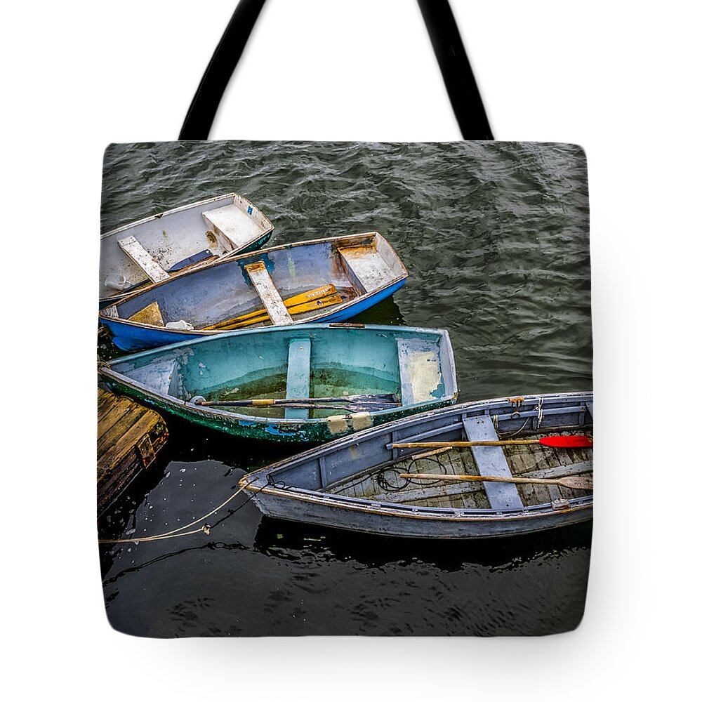 Row Boats Tote Bag featuring the photograph Row Boats At Dock by David Kay