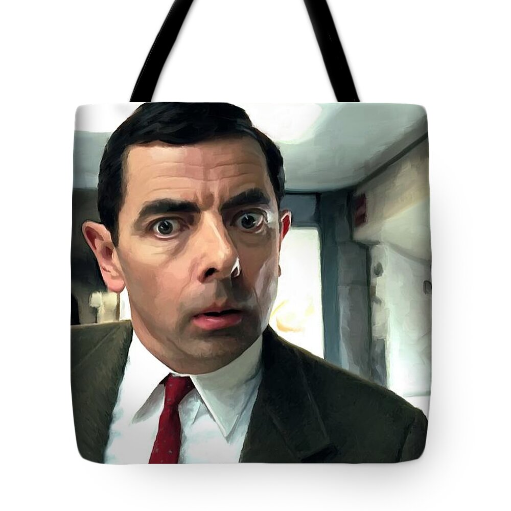 Rowan Atkinson Tote Bag featuring the digital art Rowan Atkinson as Mr. Bean Large Size Portrait by Gabriel T Toro