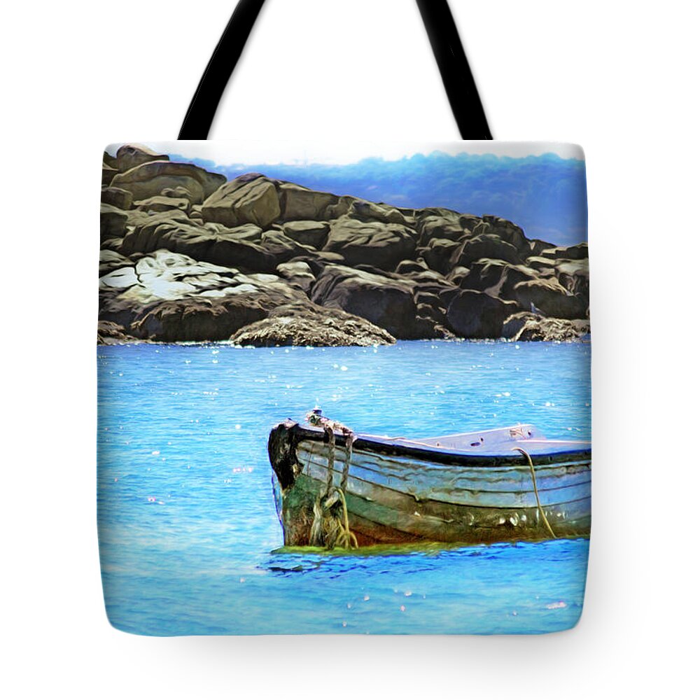 Sea Tote Bag featuring the photograph Rowboat In The Blue by Hal Halli