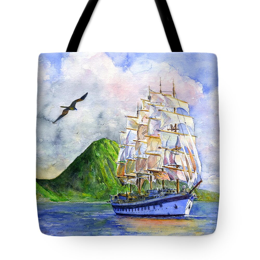 Caribbean Tote Bag featuring the painting Royal Clipper leaving St. Lucia by John D Benson