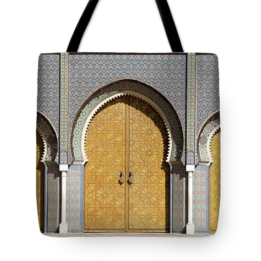 Arch Tote Bag featuring the photograph Royal Palace Main Doors Fez Morocco by 1001nights