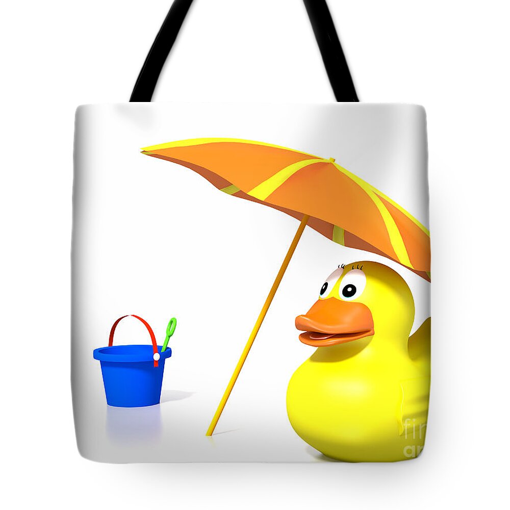 White Tote Bag featuring the digital art Rubber duck at the beach by Jan Brons