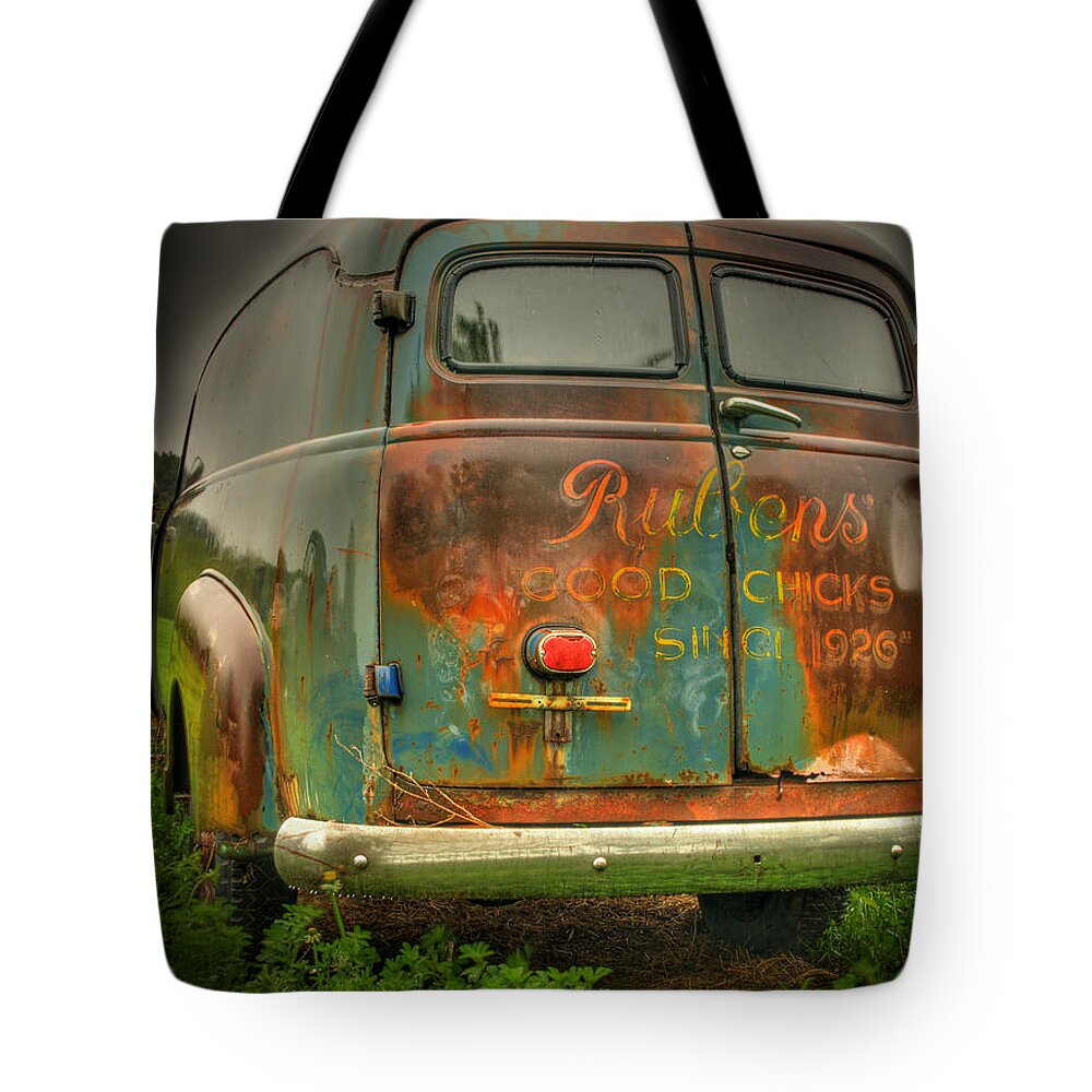 Old Truck Tote Bag featuring the photograph Rubens Good Chicks 1 by Thomas Young