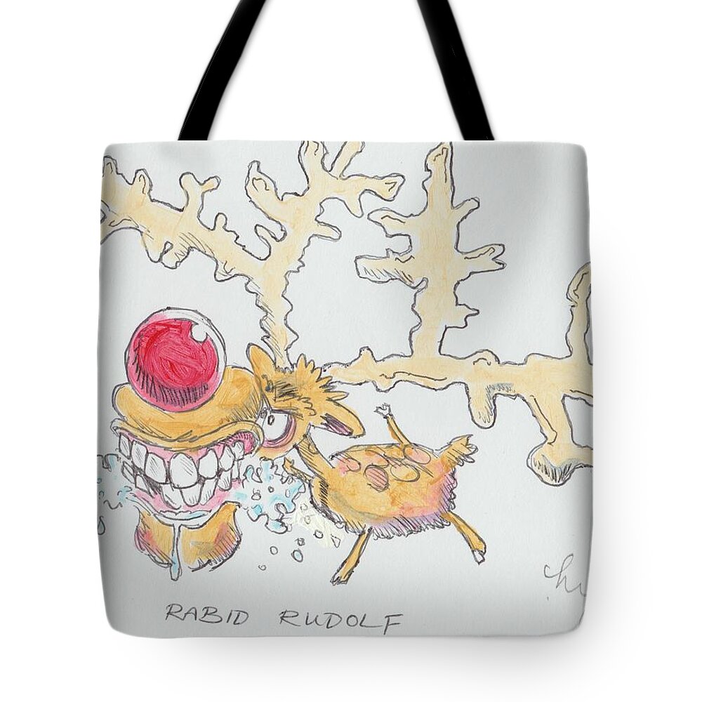 Rabid Tote Bag featuring the drawing Rudolph The Reindeer Cartoon by Mike Jory