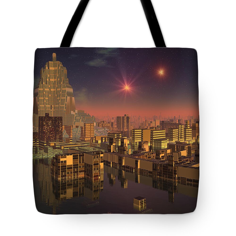 Sci Fi Tote Bag featuring the digital art Rujjipet Sunset Alien Cityscape by Judi Suni Hall