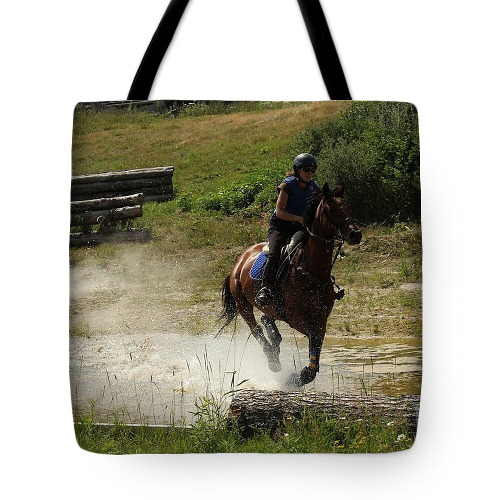 Horse Tote Bag featuring the photograph Running Thru Water by Janice Byer