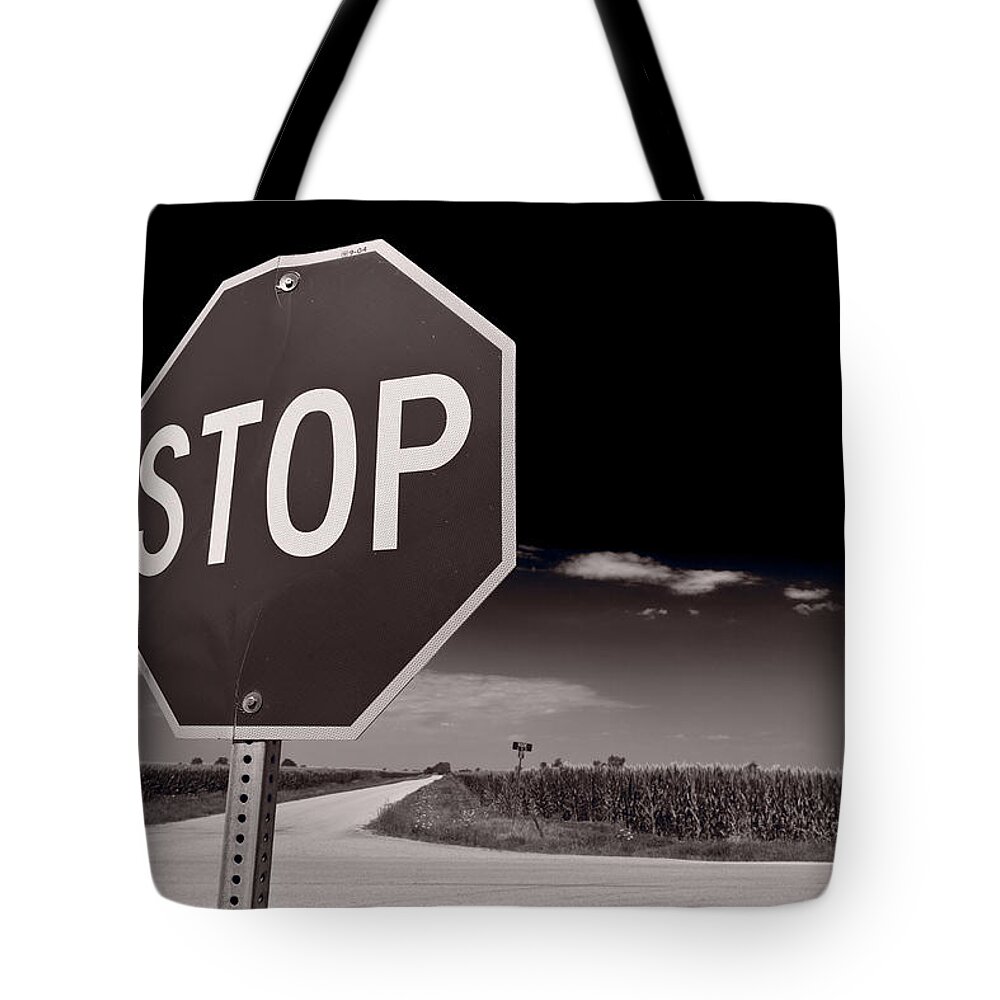 Sign Tote Bag featuring the photograph Rural Stop Sign BW by Steve Gadomski