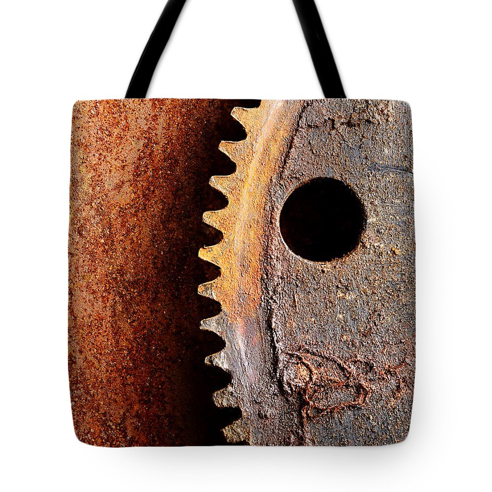 Metal Tote Bag featuring the photograph Rusted Gear by Jim Hughes