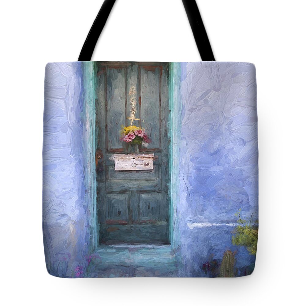 Arizona Tote Bag featuring the photograph Rustic Door in Tucson Barrio Painterly Effect by Carol Leigh