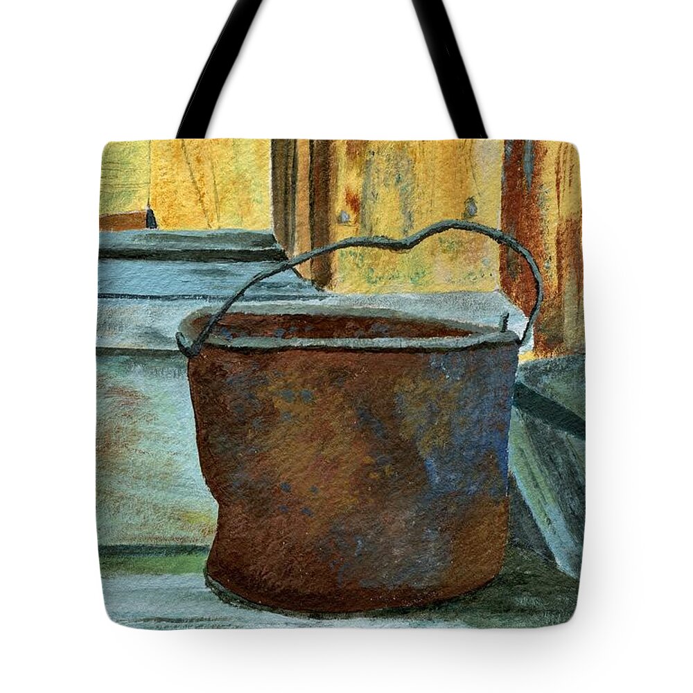 Bucket Tote Bag featuring the painting Rusty Bucket by Lynne Reichhart