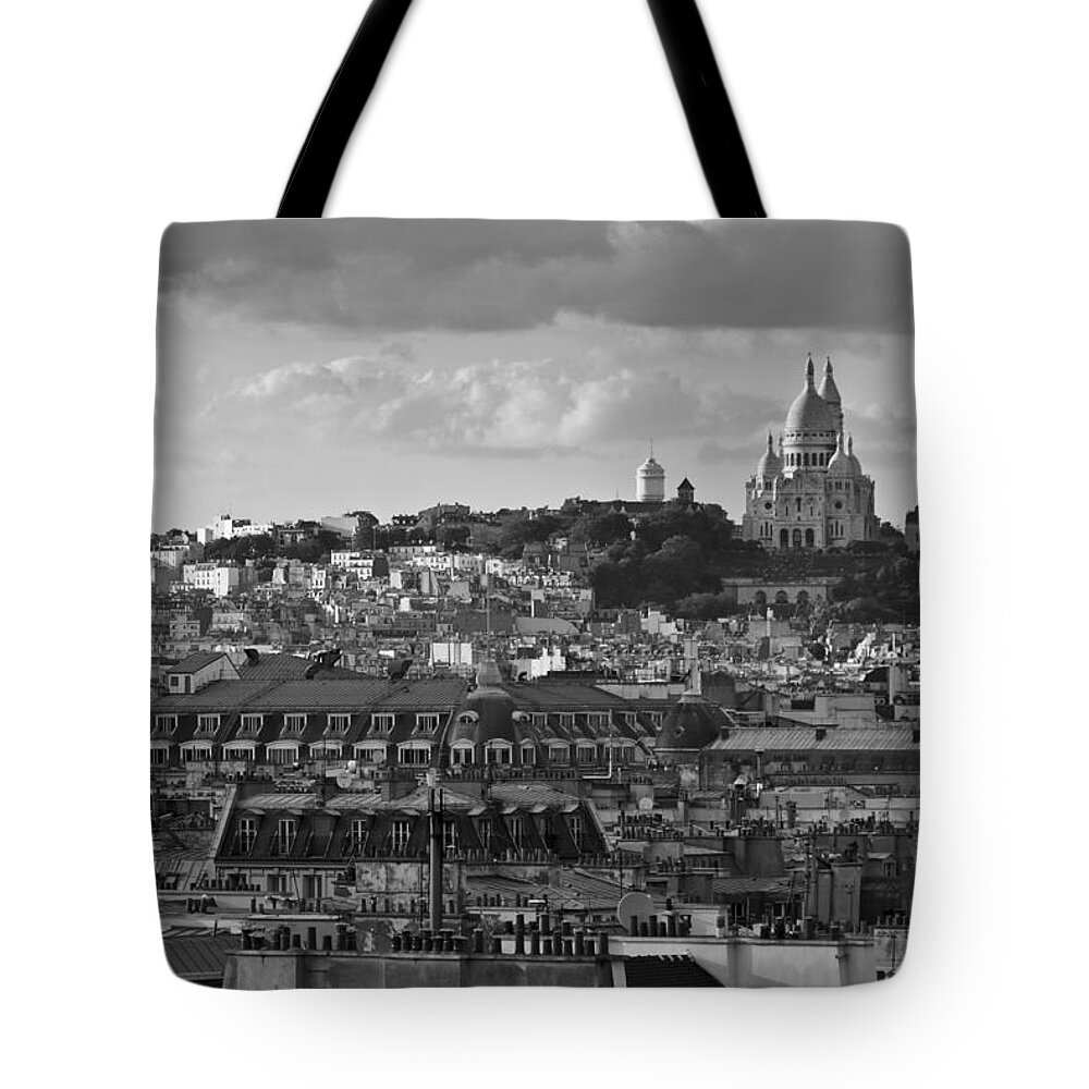 Sacre Coeur Tote Bag featuring the photograph Sacre Coeur over rooftops black and white version by Gary Eason