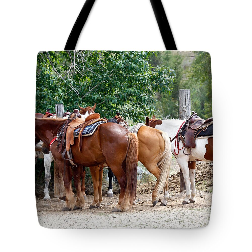 Horses Tote Bag featuring the photograph Saddled by Athena Mckinzie