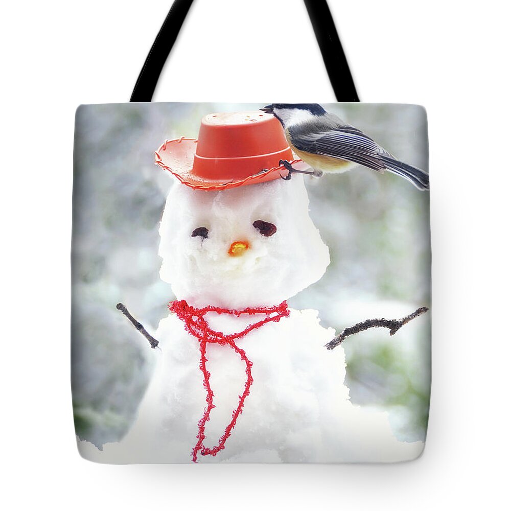Chickadee Tote Bag featuring the photograph Sadies Snowman by Peg Runyan