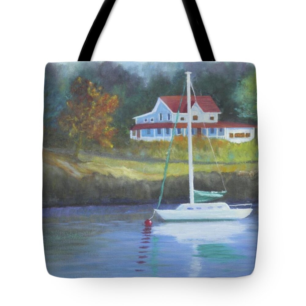 Seascape Landscape Ocean Cottage Rocky Coast Sail Boat Anchor Harbor Long Cove Fog Tote Bag featuring the painting Safe Harbor by Scott W White