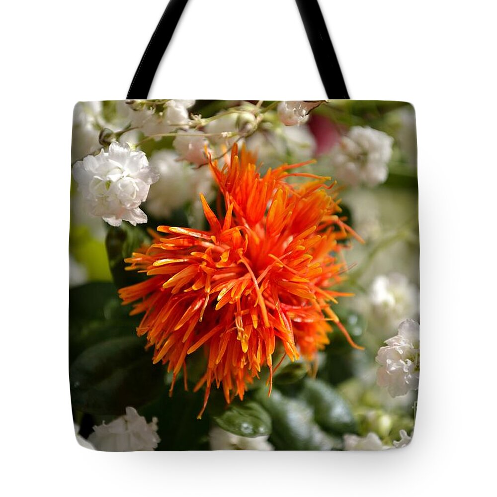 Safflower Tote Bag featuring the photograph Safflower Amongst The Gypsophilia by Scott Lyons