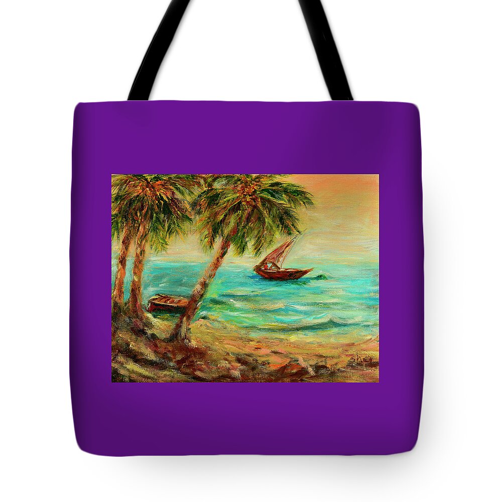 Indian Ocean Tote Bag featuring the painting Sail boats on Indian Ocean by Sher Nasser