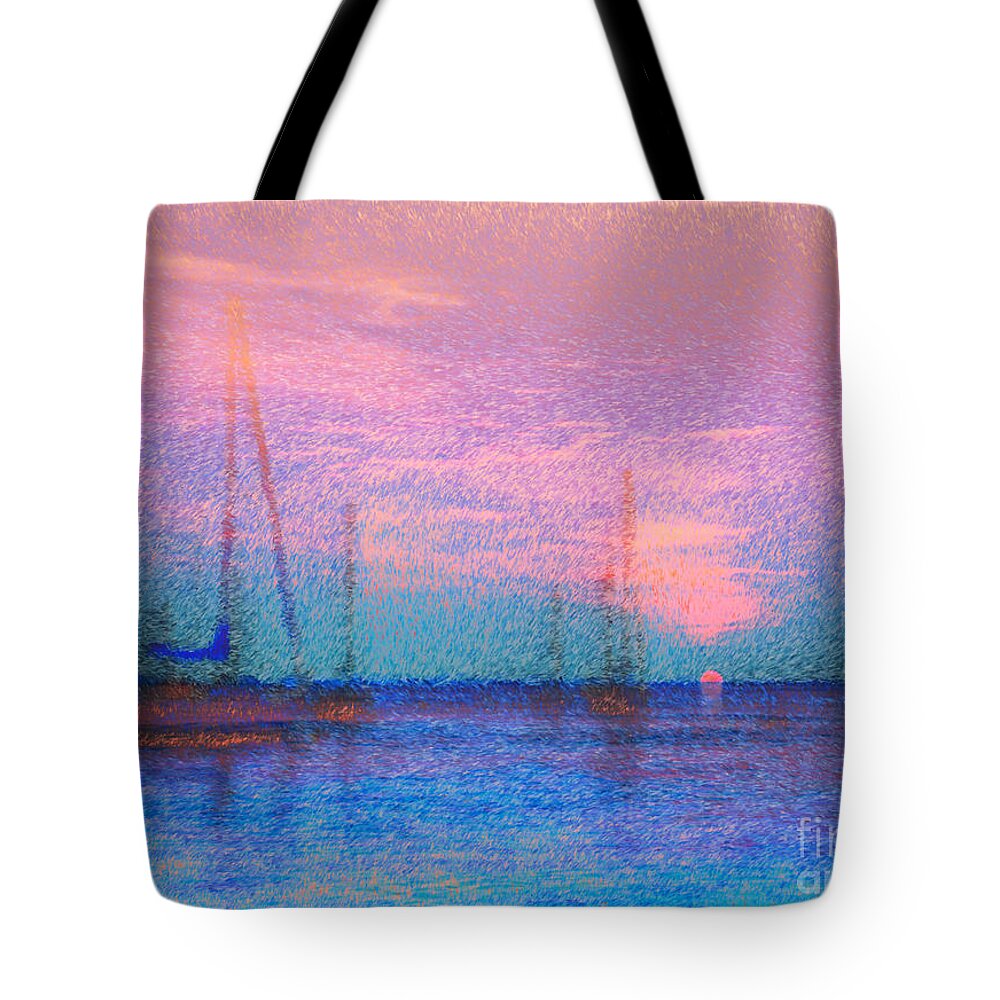 Boats Tote Bag featuring the photograph Sailboats At Sunset by Jeff Breiman