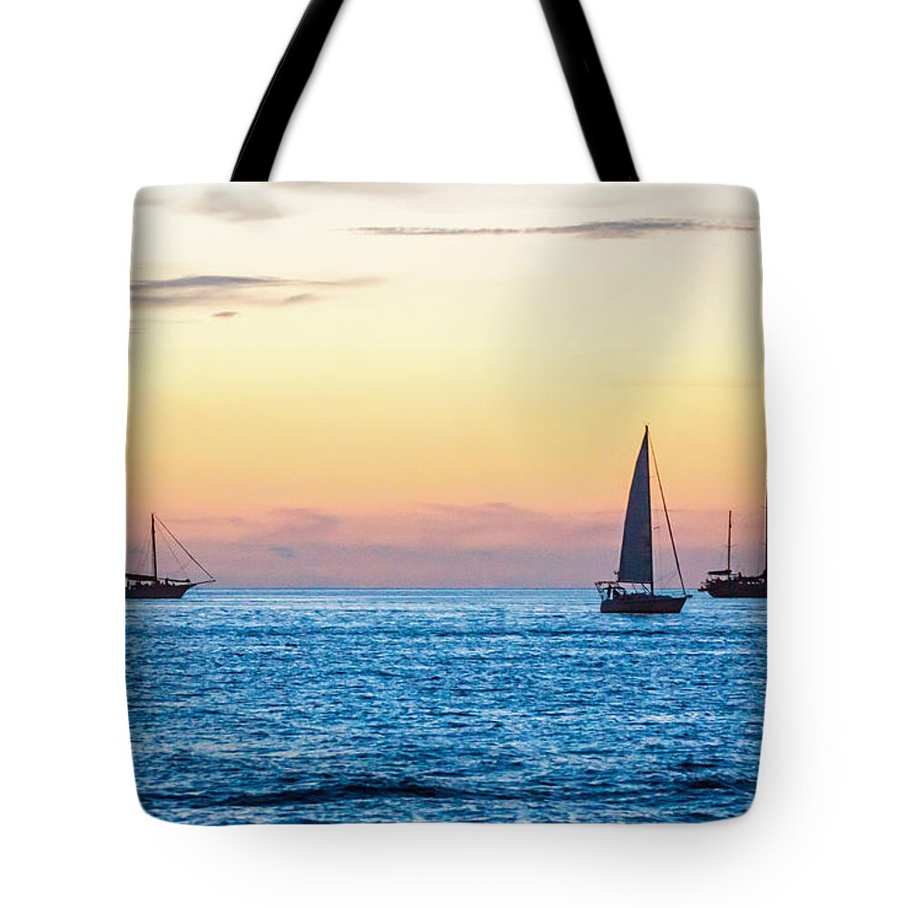 Key West Tote Bag featuring the photograph Sailboats at Sunset off Key West Florida by Photographic Arts And Design Studio
