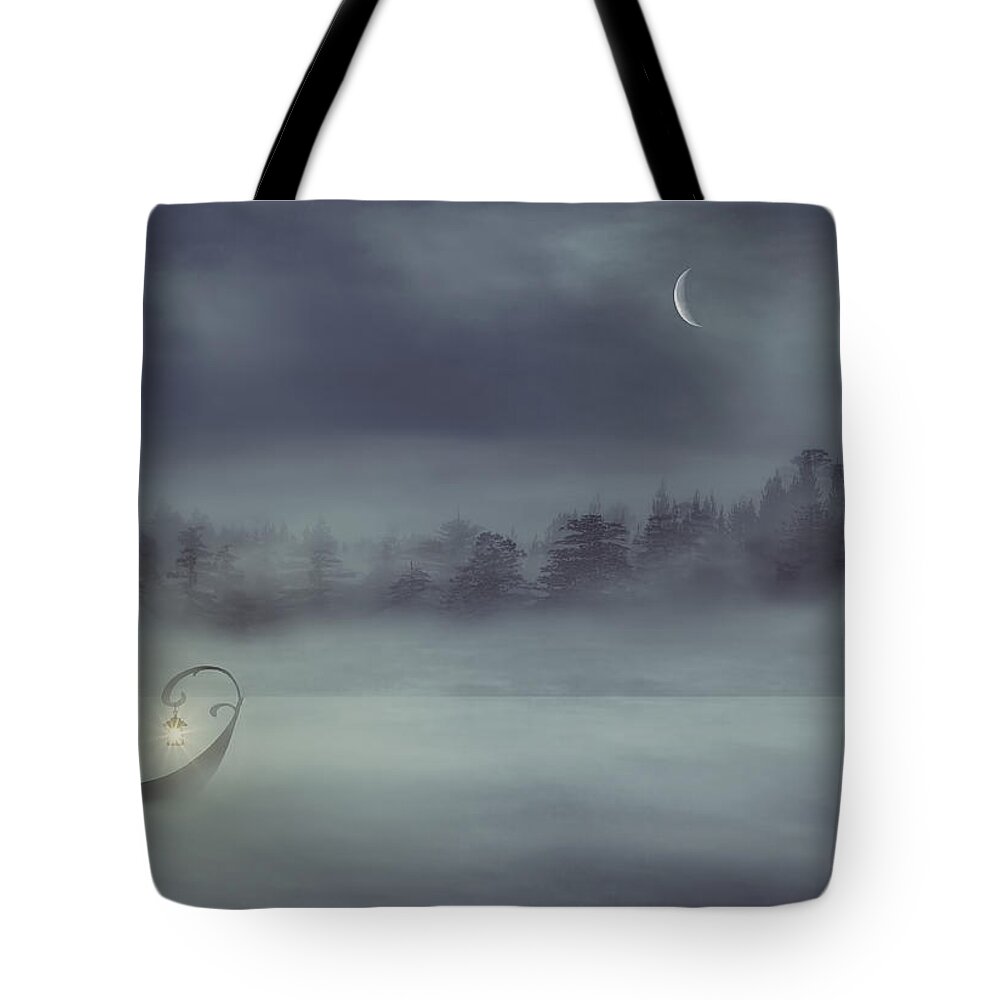 Boat In The Fog Tote Bag featuring the digital art Sailing Odyssey by Lourry Legarde