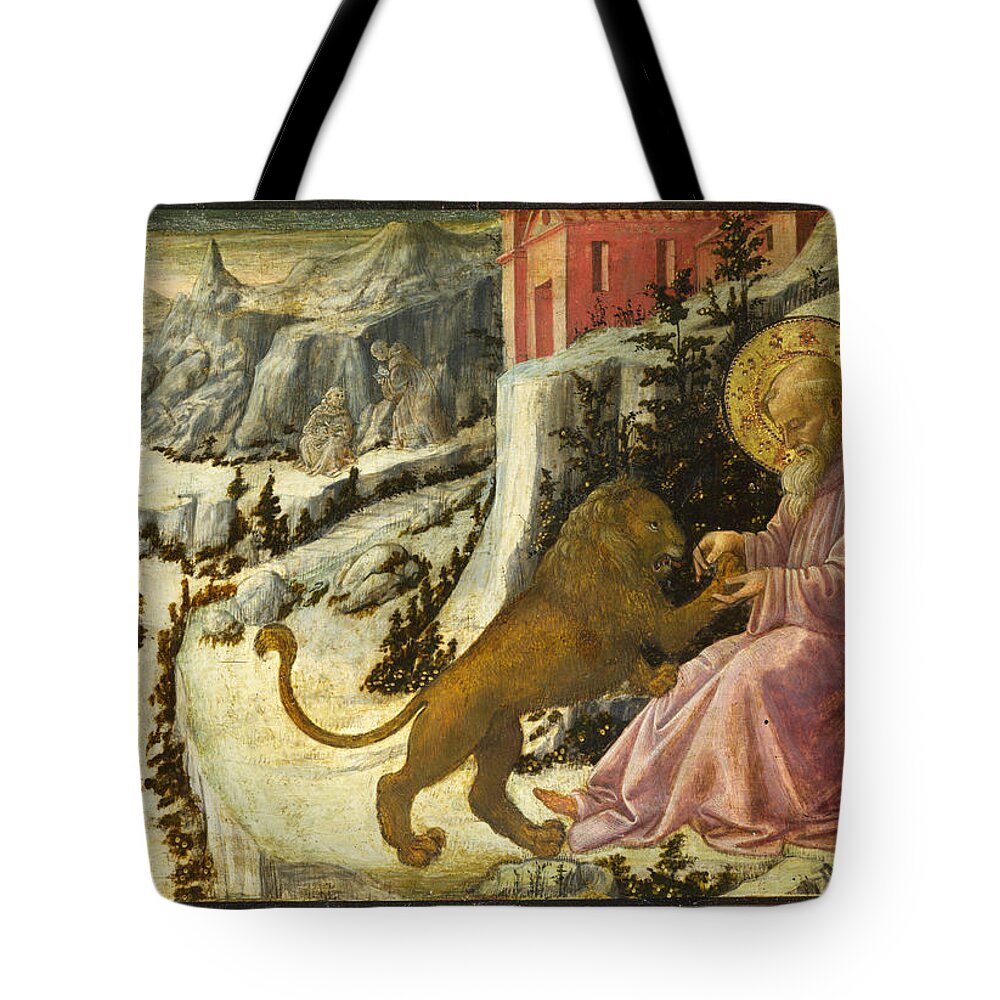 Fra Filippo Lippi And Workshop Tote Bag featuring the painting Saint Jerome and the Lion - Predella Panel by Fra Filippo Lippi and Workshop