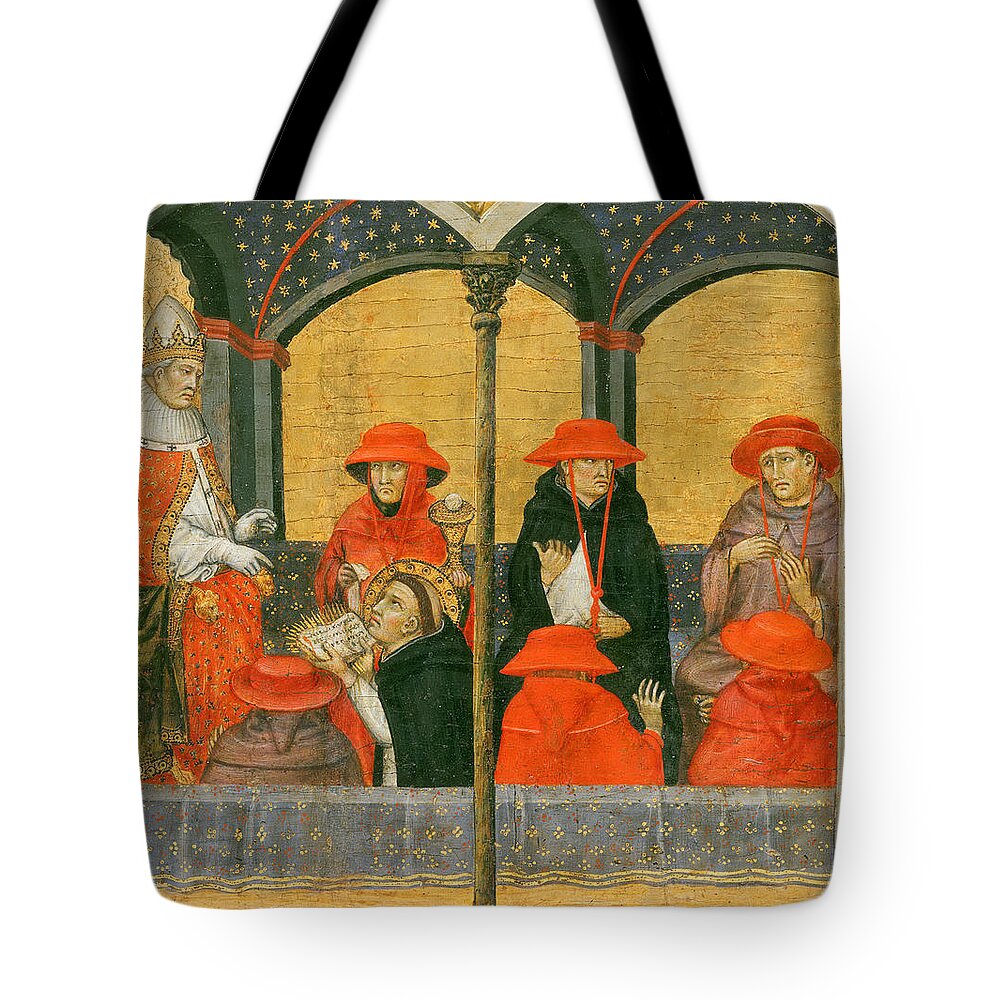 Taddeo Di Bartolo Tote Bag featuring the painting Saint Thomas Aquinas Submitting His Office of Corpus Domini to Pope Urban IV by Taddeo di Bartolo