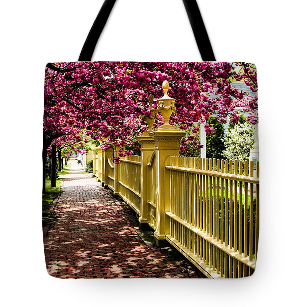 Salem Tote Bag featuring the photograph Salem walkway shrouded by spring flowers by Jeff Folger