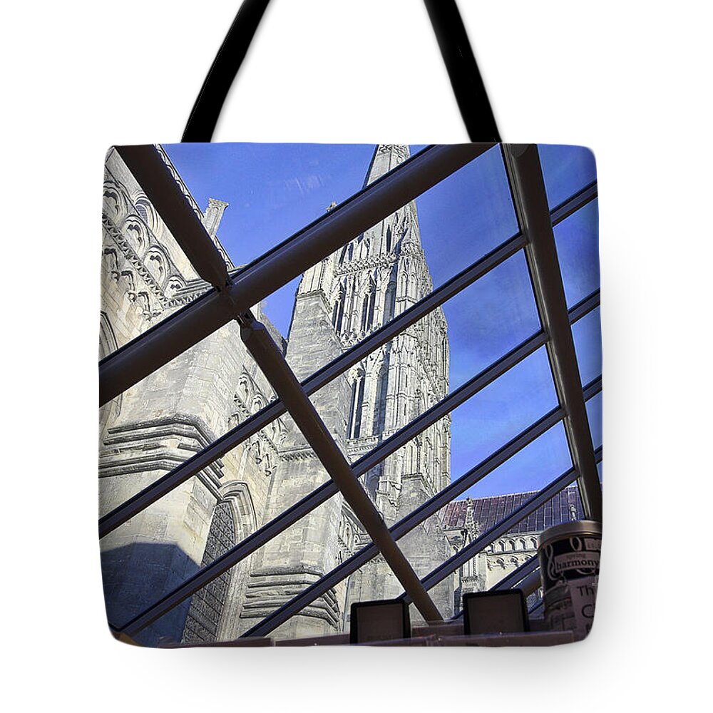 Spire Tote Bag featuring the photograph Salisbury Cathedral Spire from the Shop by Terri Waters
