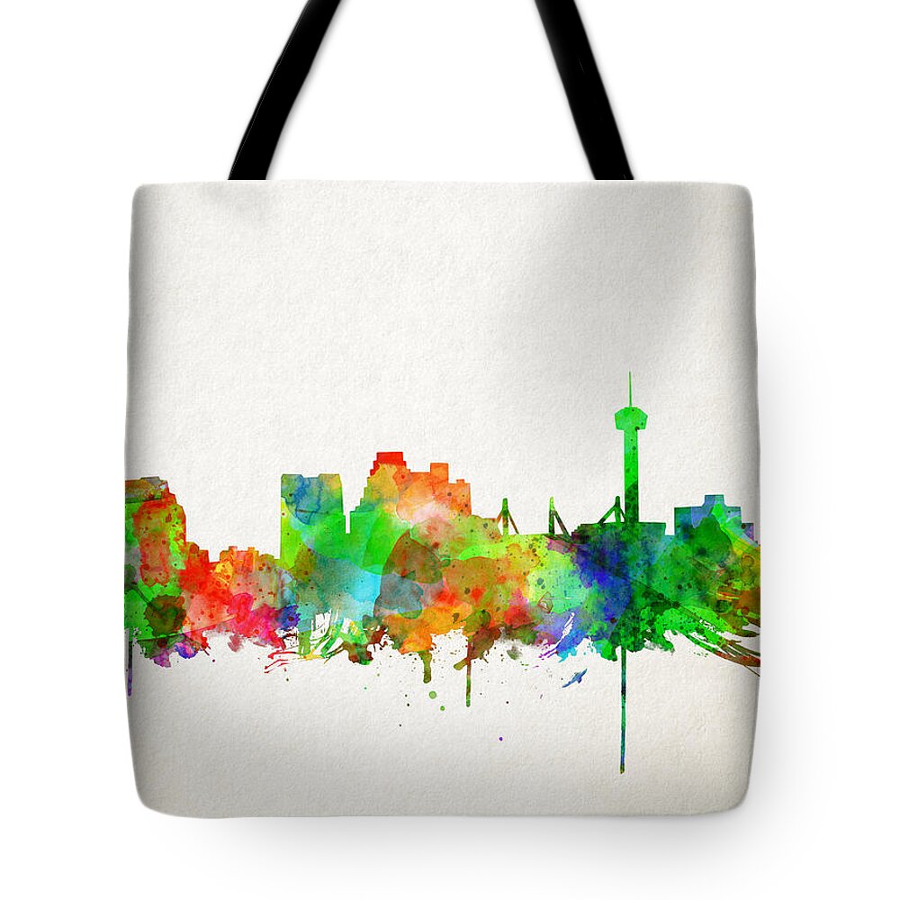 San Antonio Tote Bag featuring the painting San Antonio Skyline Watercolor by Bekim M