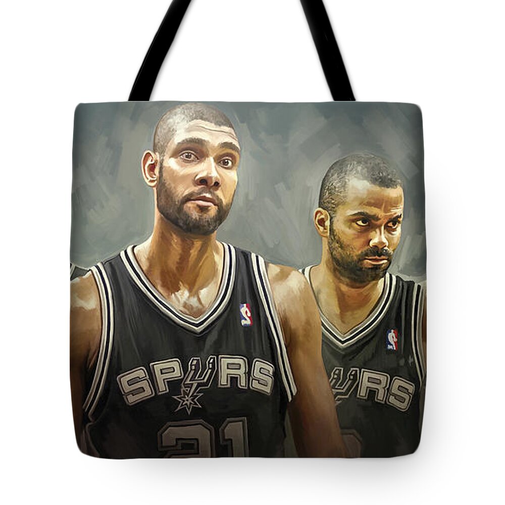 Tim Duncan Tote Bag featuring the painting San Antonio Spurs Artwork by Sheraz A