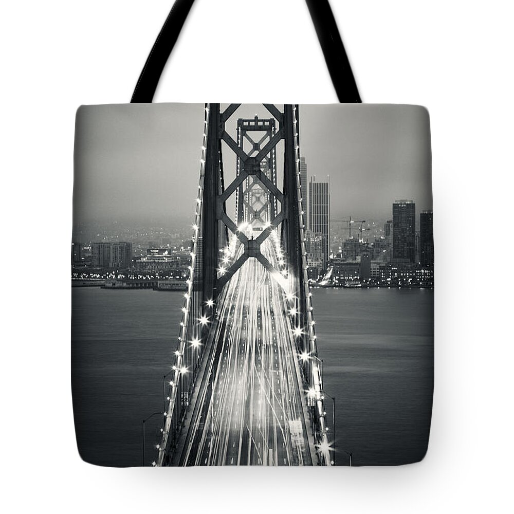 3scape Tote Bag featuring the photograph San Francisco - Oakland Bay Bridge BW by Adam Romanowicz