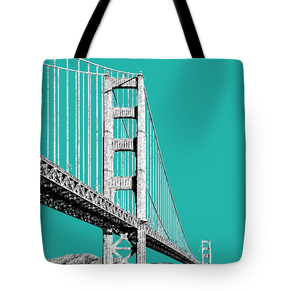 Architecture Tote Bag featuring the digital art San Francisco Skyline Golden Gate Bridge 2 - Teal by DB Artist