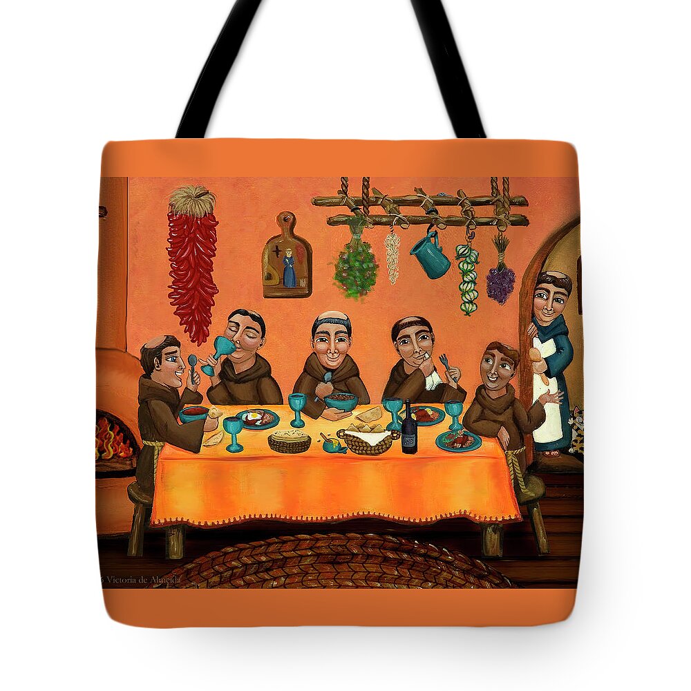 Hispanic Art Tote Bag featuring the painting San Pascuals Table by Victoria De Almeida