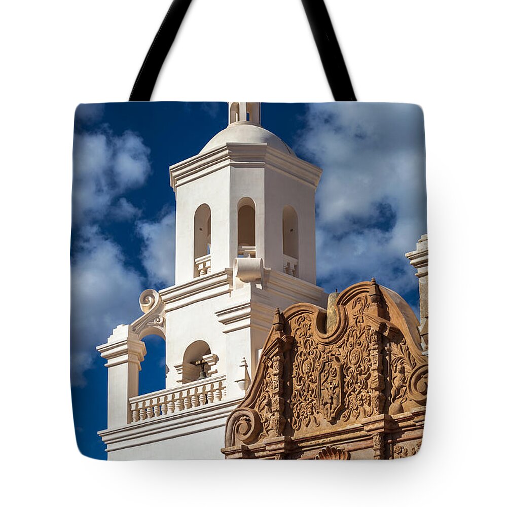 1797 Tote Bag featuring the photograph San Xavier Tower and Artwork by Ed Gleichman