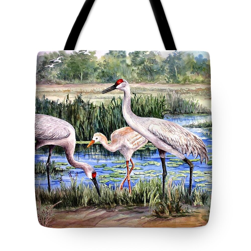 Sandhill Cranes Tote Bag featuring the painting Sandhills by the Pond by Roxanne Tobaison