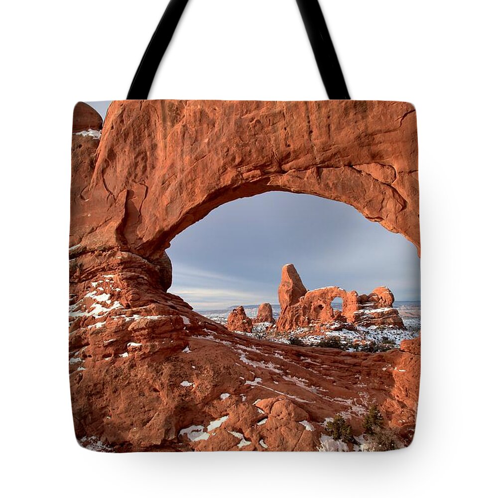 Turret Arch Tote Bag featuring the photograph Sandstone Arch Window by Adam Jewell
