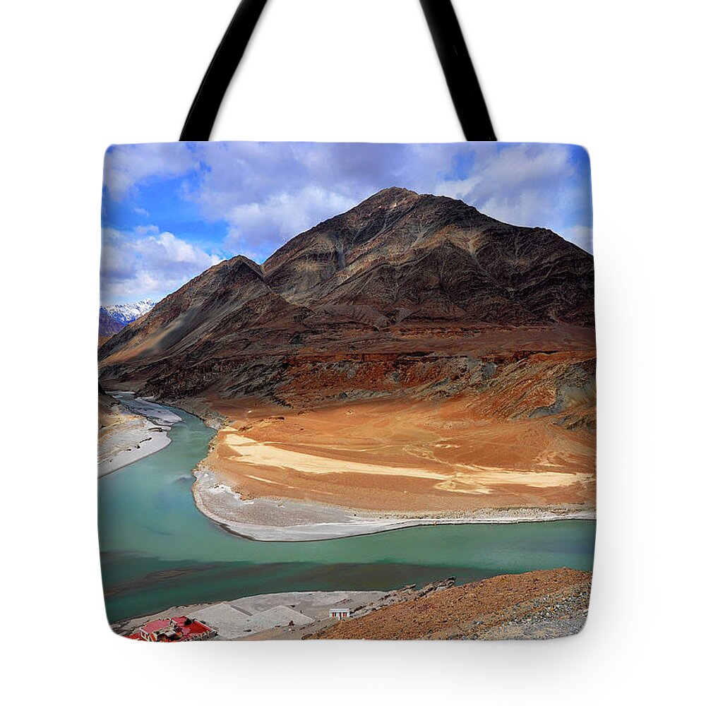 Tranquility Tote Bag featuring the photograph Sangam, Ladakh by Jayk7