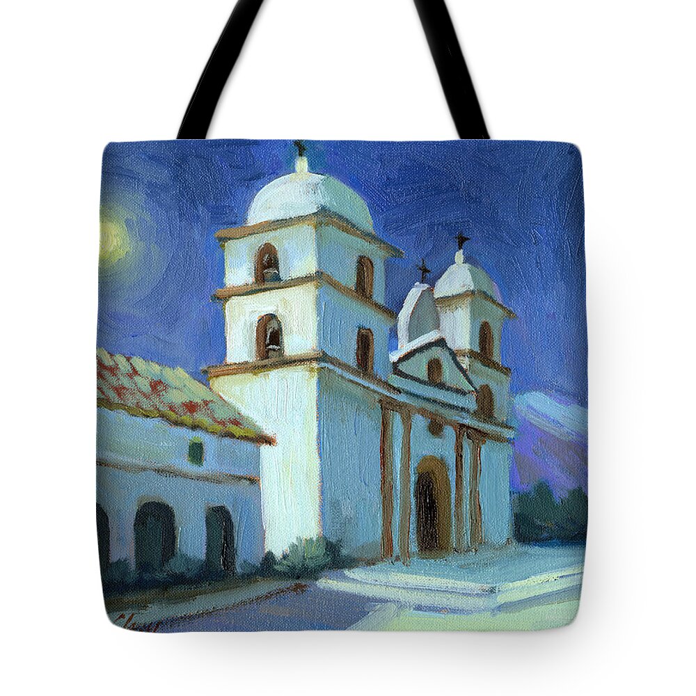 California Mission Tote Bag featuring the painting Santa Barbara Mission Moonlight by Diane McClary