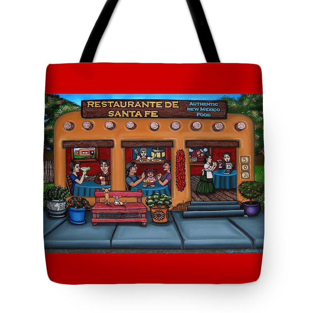 Folk Art Tote Bag featuring the painting Santa Fe Restaurant TYLER by Victoria De Almeida
