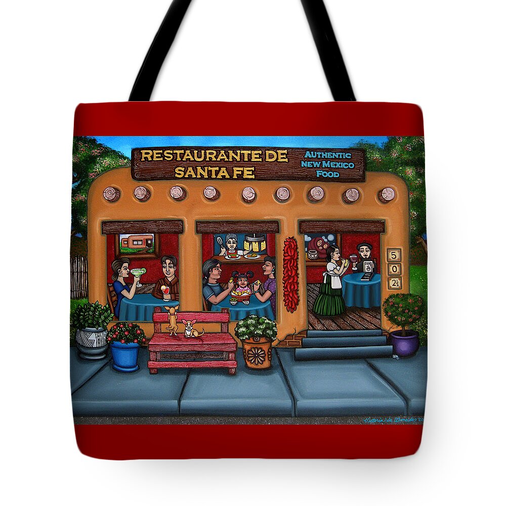 Folk Art Tote Bag featuring the painting Santa Fe Restaurant by Victoria De Almeida