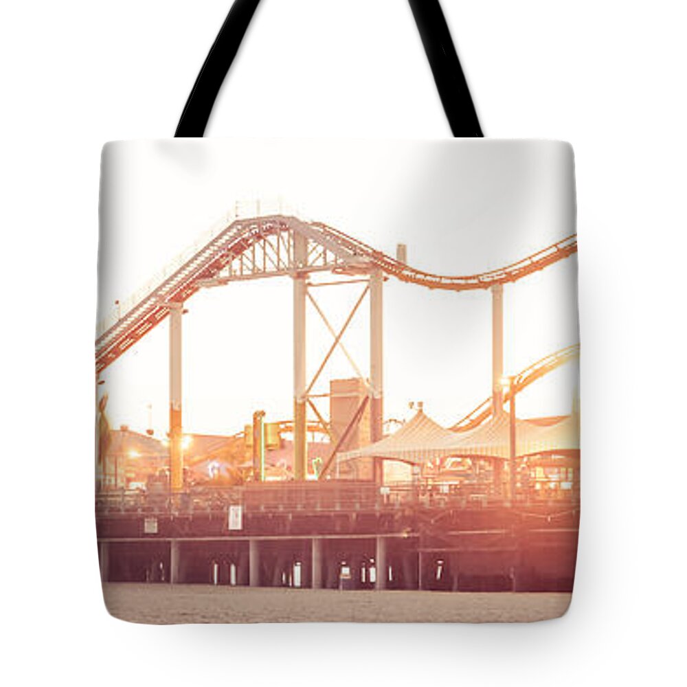 America Tote Bag featuring the photograph Santa Monica Pier Roller Coaster Panorama Photo by Paul Velgos