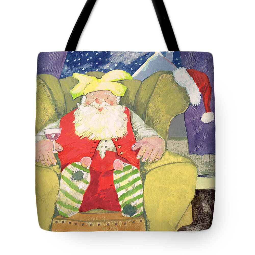 Boots; Socks; Father; Christmas; Armchair; Wine; Glass Tote Bag featuring the painting Santa Warming his Toes by David Cooke