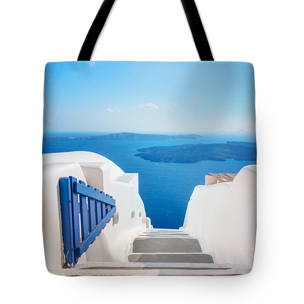 Greece Tote Bag featuring the photograph Santorini Greece stairs to Aegean Sea by Michal Bednarek