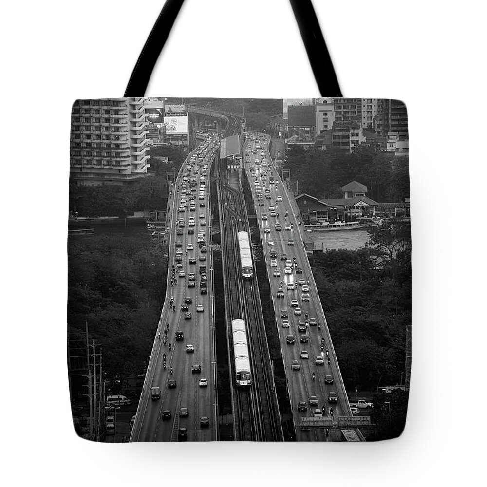 Train Tote Bag featuring the photograph Saphan Taksin Bts Station by Thanapol Marattana