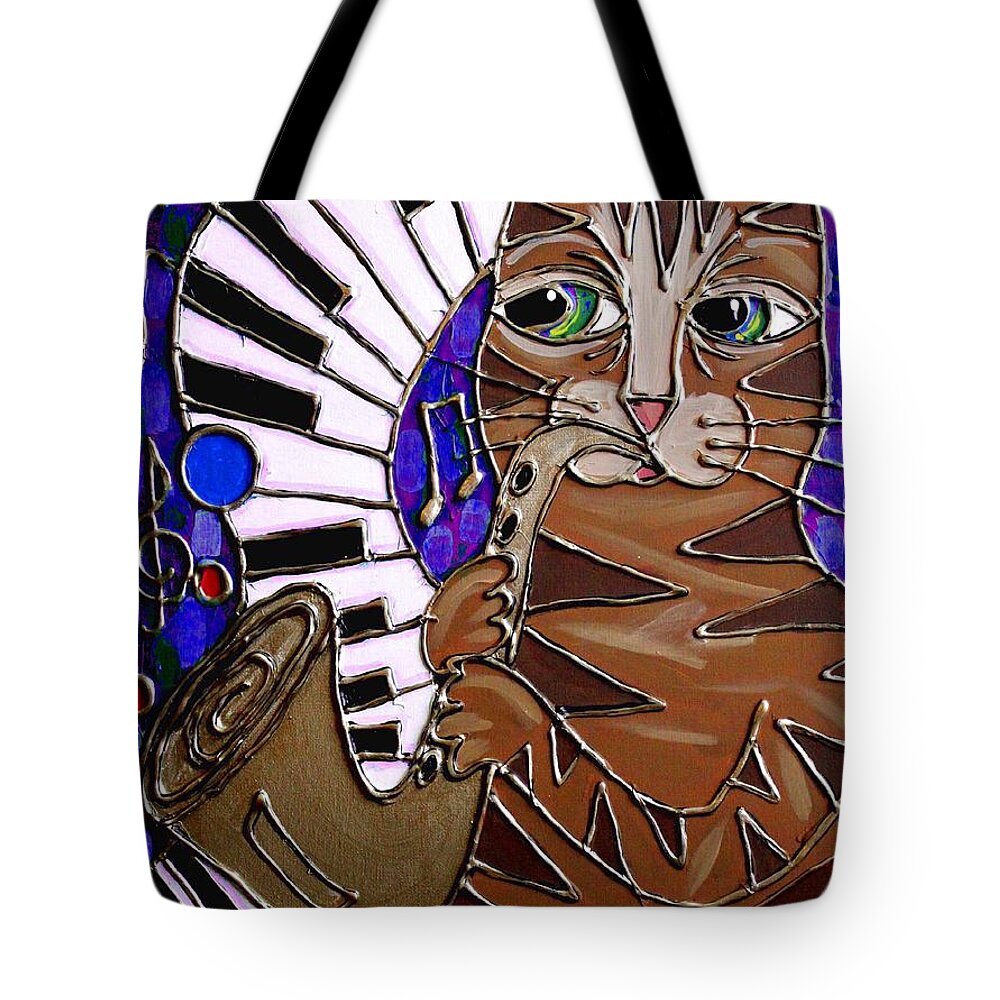 Cat Tote Bag featuring the painting Sax Cat 2 by Cynthia Snyder