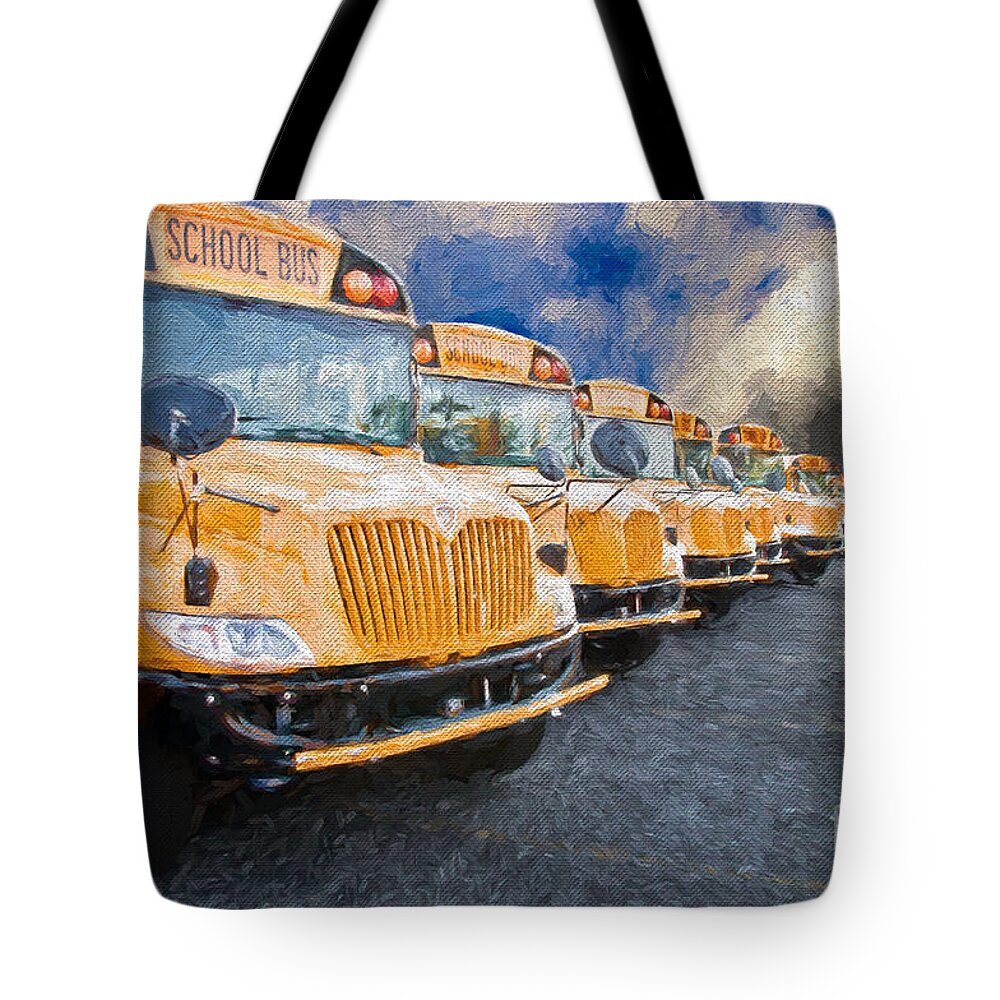 Andee Design School Buses Tote Bag featuring the photograph School Bus Lot Painterly by Andee Design